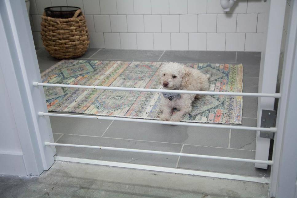 Three tension rods being used as a pet gate, the small dog laying down on the other side of the doorway.