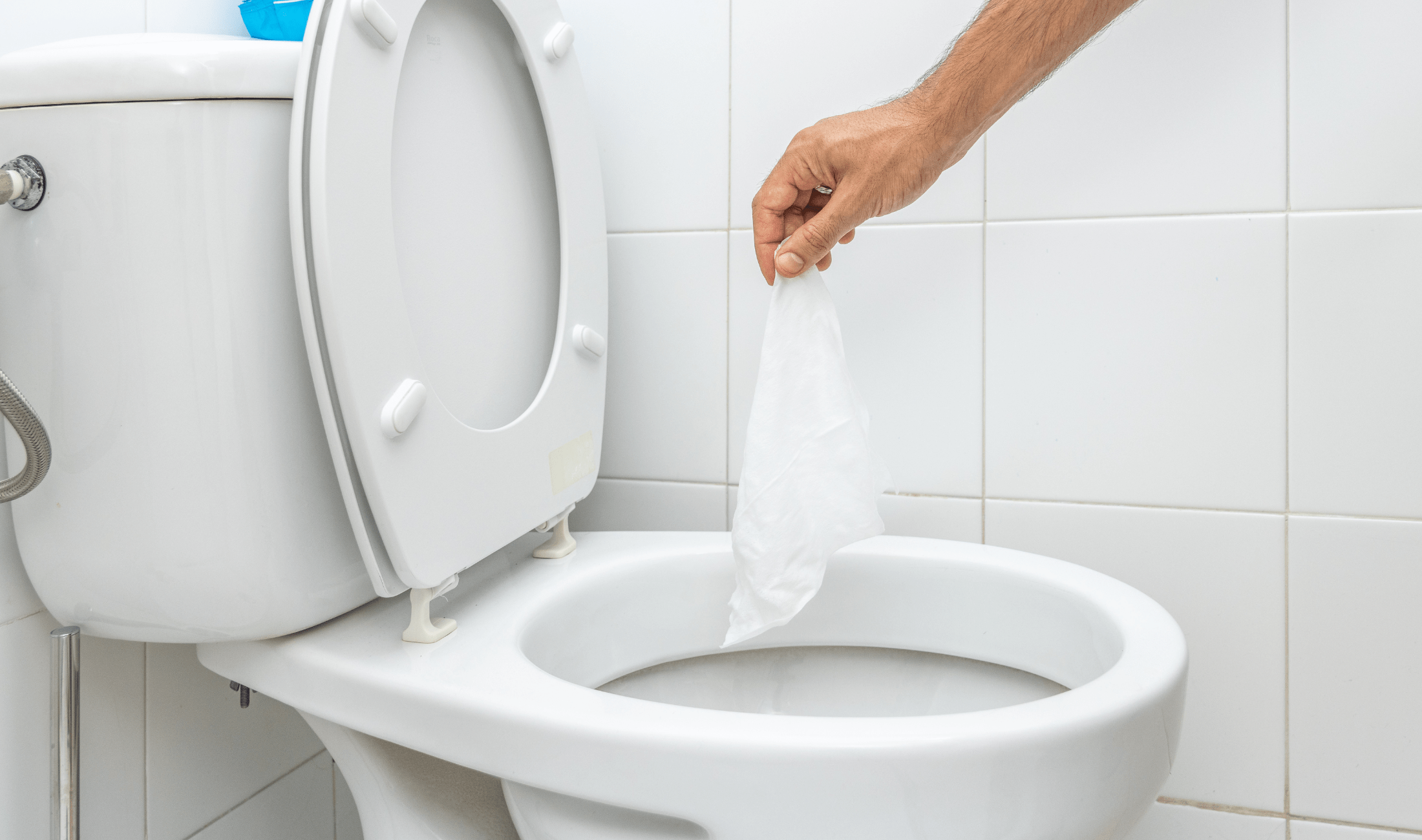 A person holding a "flushable" wipe above a toilet bowl.
